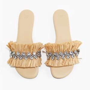 H&M Rhinestone Embellished Rafia Naturale Slide Sandals 38/7